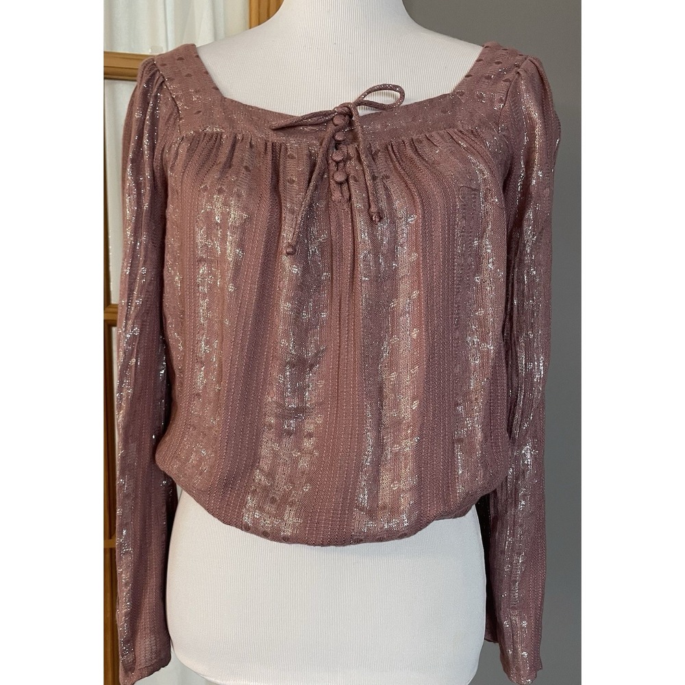 Y2K 90s Express Crop Pullover Blouse S Metallic Mauve Flared Sleeves Boho Fairy